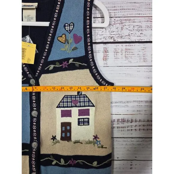 VTG Inspirations Patchwork Knit Sweater Small Vest Cottagecore HouseTeddy Heart - Picture 2 of 4